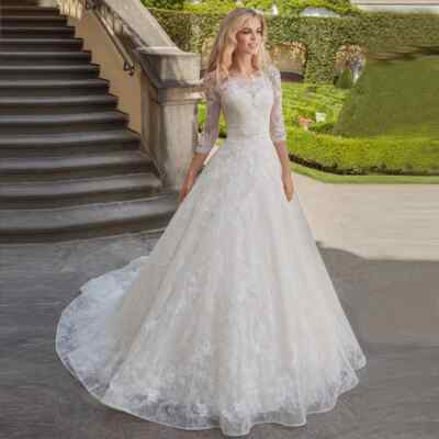 Elegant Lace Wedding Dresses Long Sleeves Applique Scoop Neck A-Line Bridal Gown