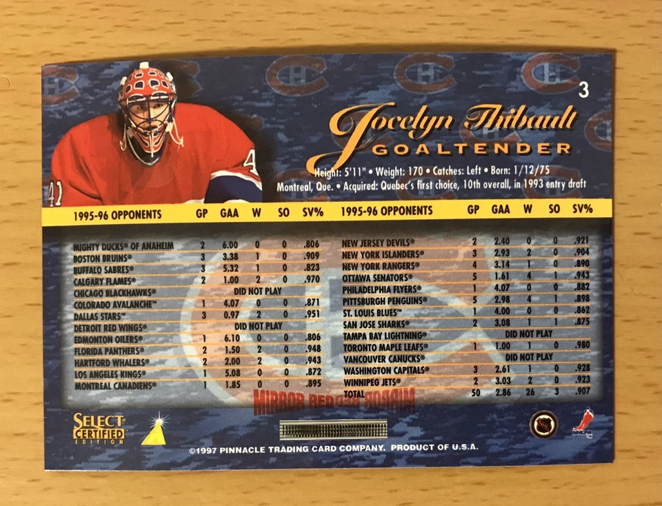 1996-97 SELECT CERTIFIED HOCKEY MIRROR RED JOCELYN THIBAULT MONTREAL CANADIENS - Image 2 of 2