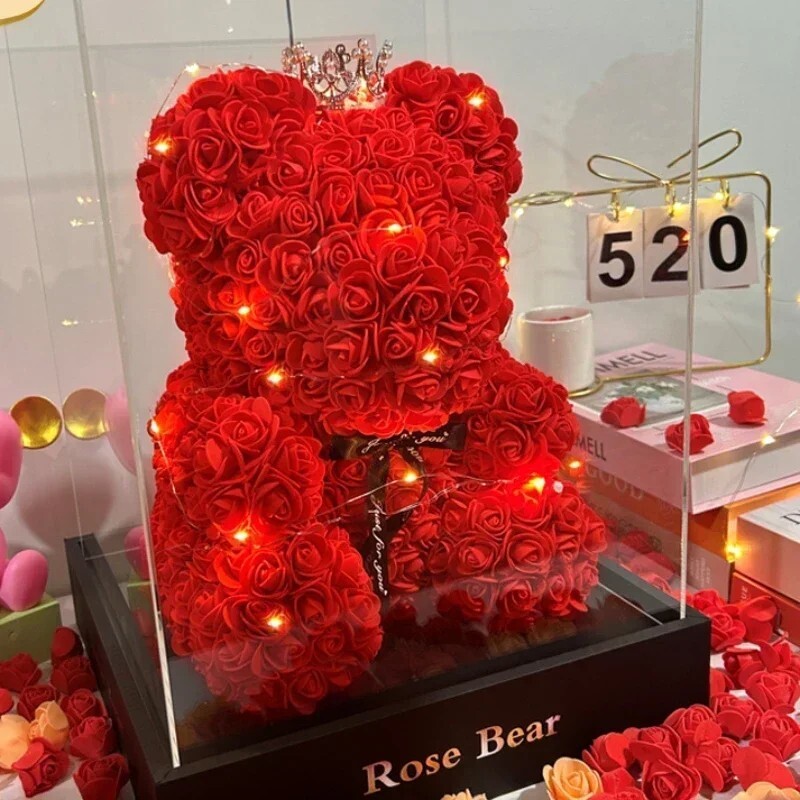 Red Rose Bear Valentine Gift Artificial Flower Box with Lights