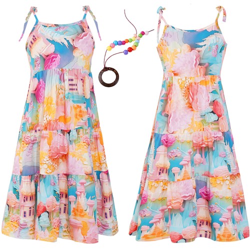 Kids Girls Dresses With Necklace Prom Dress Sleeveless Sundress Seaside Costume - Picture 54 of 69