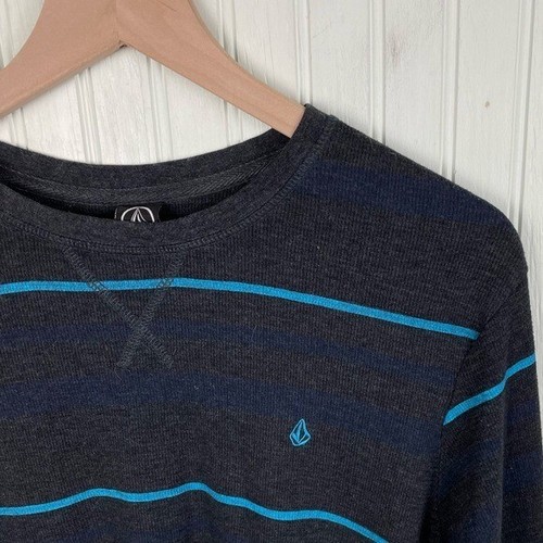 Vintage Y2K Volcom Men's Thermal Knit Tee Long Sleeves Size Medium Grey Striped - Picture 3 of 4