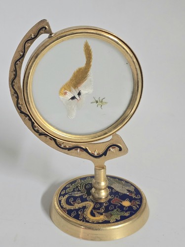 Vintage Chinese Silk Embroidery Cat Double Sided Cloisonne Stand Tabletop Decor