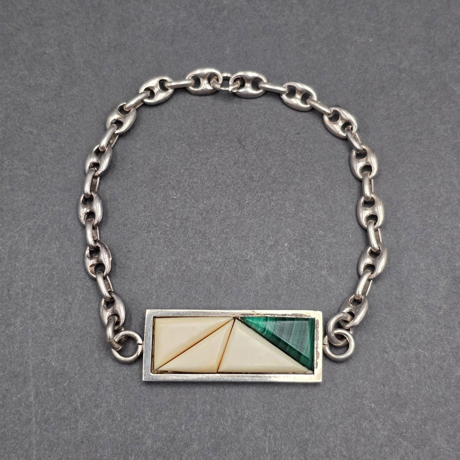 Vintage Mexican Sterling Silver Malachite Panel Bracelet 7.7