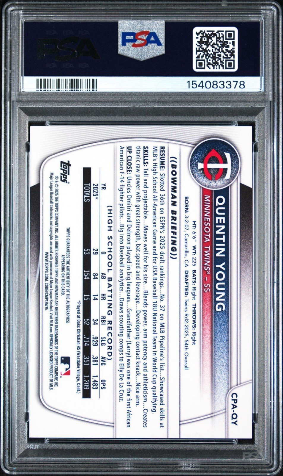 2025 Bowman Draft Quentin Young Chrome Auto Blue Refractor 1st #/150 Twins PSA 9 view 2