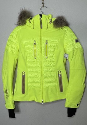 New Bogner Goan Thylmann 2.0 Team Ski Jacket Women s Neon Yellow Fur Hood Size M
