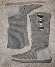 BearPaw Knit Boots Womens 7 Gray Woven Tall Fold Over Winter Cozy