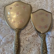 Vintage Gold Tone Vanity Set Hand Mirror Hair Brush with Matching Handles