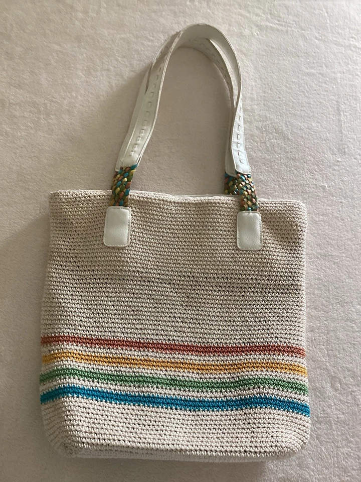 Jaclyn Smith Beige Bag w/orange,gold,green,blue stripes Zip Top 3 Inside Pockets - Image 4 of 4