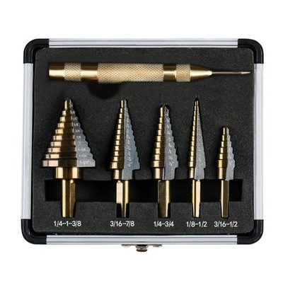 6PCS Step Drill Bits with Automatic Center Punch - Black and Gold, High Speed...