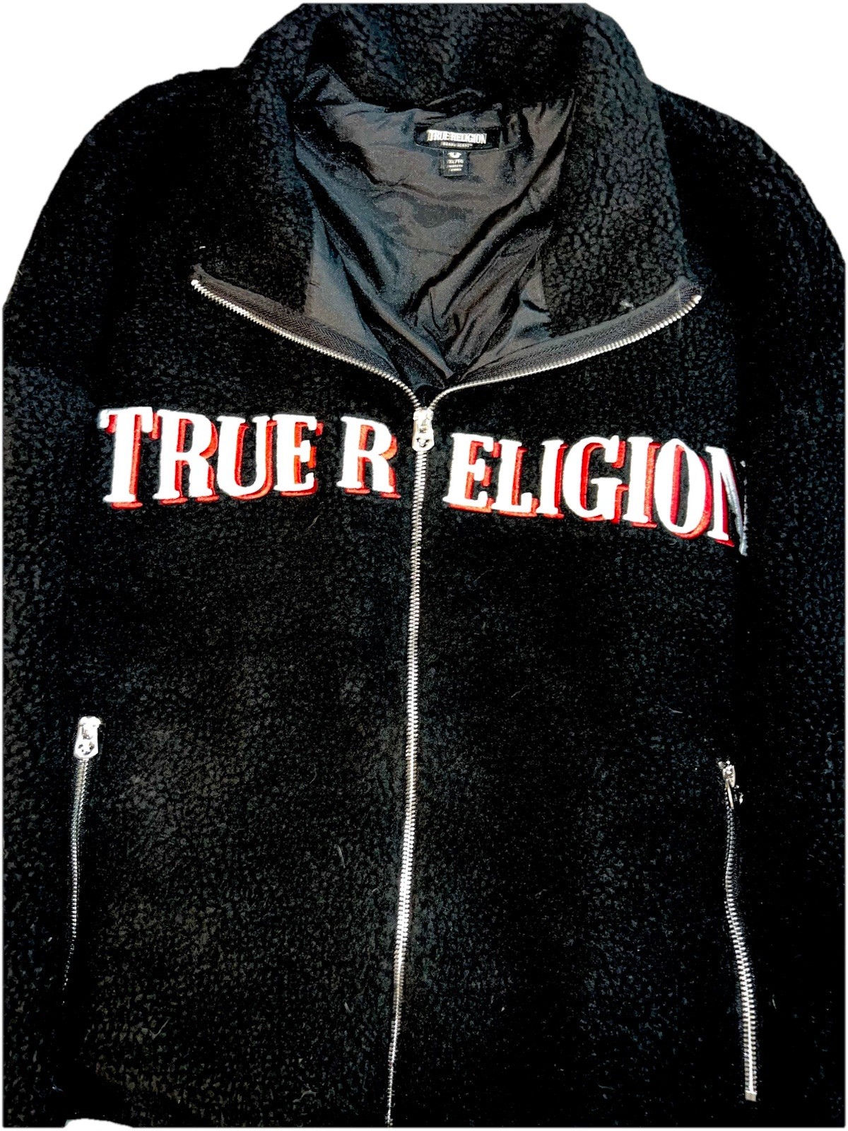 NEW True Religion Men’s Black Sherpa Full Zip Jacket Stand-Up Collar Pockets XL