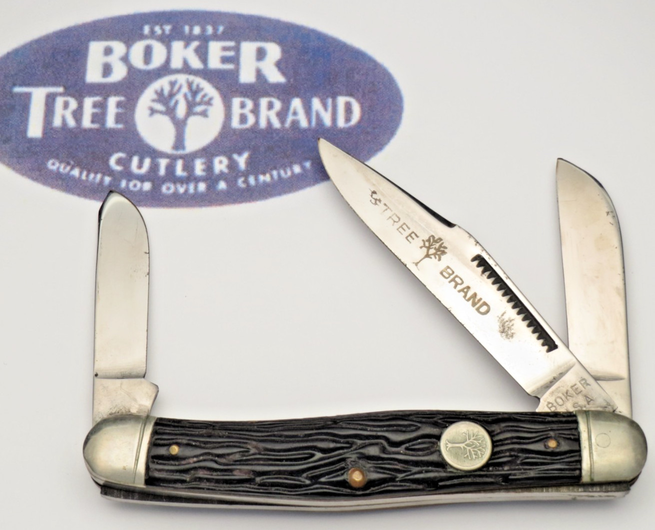 Vintage 1950's to 60’s BOKER USA Large Stock Knife Jigged Black Handles - Unused