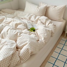 Erwinmu Gingham Duvet Cover Set,Twin Size Beige Bedding Set 2Pcs All Season