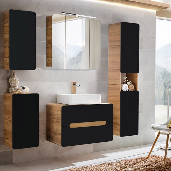 Badezimmer BadmöBel Komplett Set Anthrazit Keramik Waschtisch Led Spiegelschrank-image