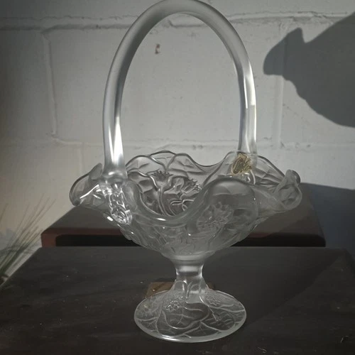 Fenton Handmade Frosted Glass Decorative Basket with Floral Design