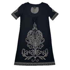 Forever Women’s Black Dress S Baroque Scroll Print Stretch Short Sleeve Scoop