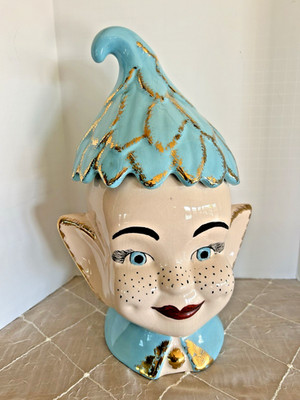 WHIMSICAL VINTAGE CERAMIC 12'' PIXIE ELF COOKIE JAR WITH GOLD ACCENTS 1950'S