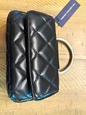French Connection Black Quilted Crossbody Top Handle Chain Strap Silver
