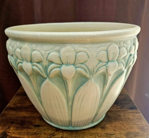 Large 1930's McCoy Glazed Stoneware Jardiniere Planter Cream & Green AMARYLLIS