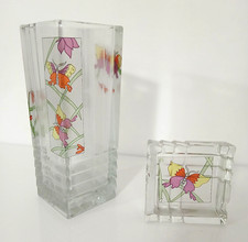 Set Vaso Geometrico e Posacenere in Vetro Pressato Decorazione Farfalle Vintage