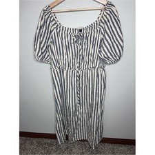 Universal Thread Blue White Striped Puff Sleeve Linen Blend Midi Dress XXL