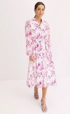 FREEMANS Floral Midi-Kleid V-Ausschnitt Langarm Weiß/Pink UK 14 (fmn77-4)
