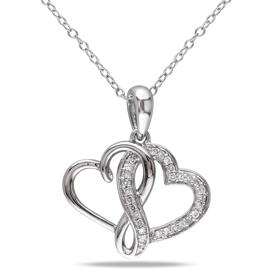 Amour Sterling Silver 1/6CT TDW Diamond Double Heart Pendant with Chain