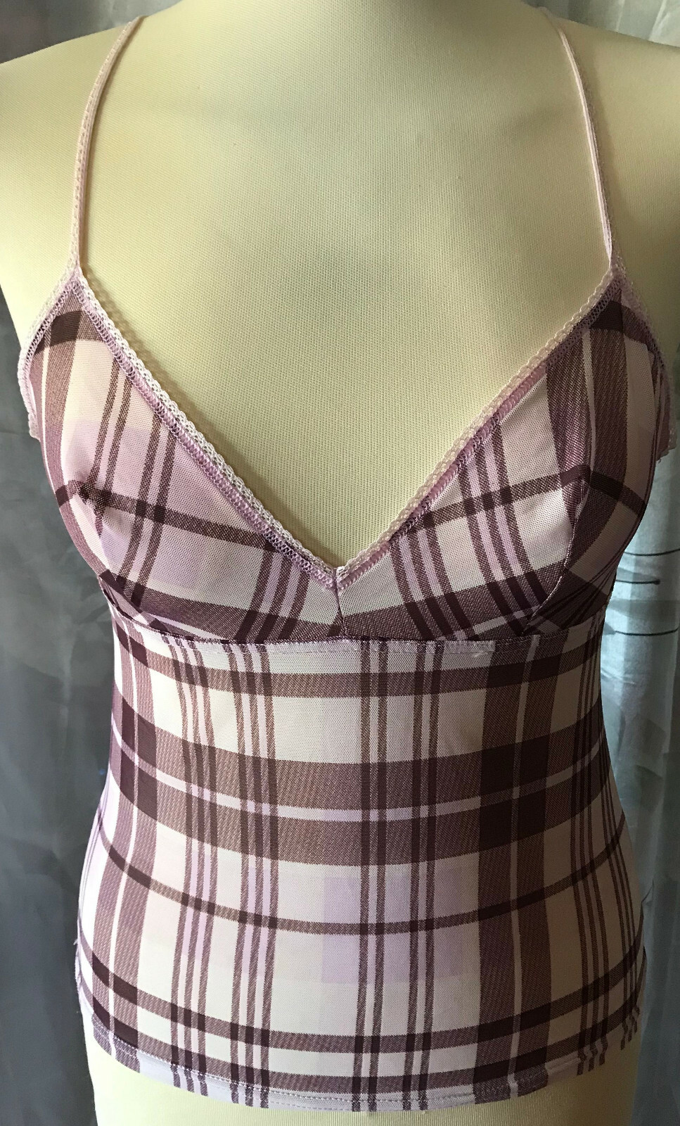 Stylishes Damen TOP Spaghetti-Träger Shirt Gr S Rosa kariert transparent