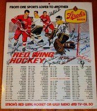 Vintage Detroit Red Wings Alumni Hockey Stroh Beer Advertising Sign Signed by 17