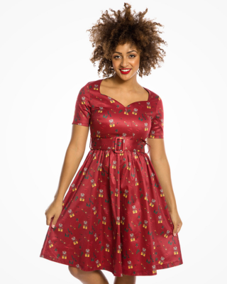 Lindy Bop Christmas Dress Cute Cat Kitten Print Flared Retro Dress