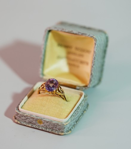 Antique Russian 14K Gold Art Nouveau Love Knot Hearts Shank Amethyst Ring #6.75