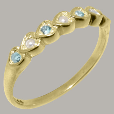 Solid 14k Yellow Gold Cultured Pearl Aquamarine Womens Eternity Ring 