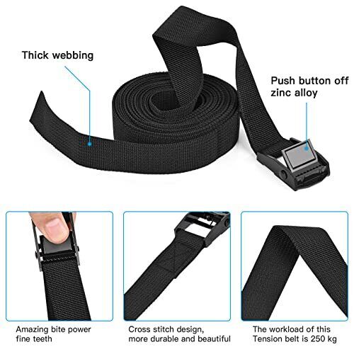 Cam Buckle Tie Down Straps Heavy Duty Lashing Secure Strap Adjustable Black  6 Pa
