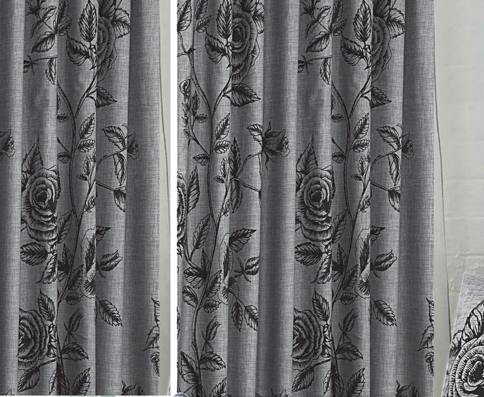WILD ROSE FLORAL SLATE 66" x 72" UNLINED PENCIL PLEAT CURTAINS GREY BLACK FLOWER