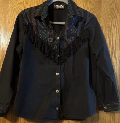 Vintage 90s Western Shirt Womens Black Fringe Aztec Gold Metallic M C1