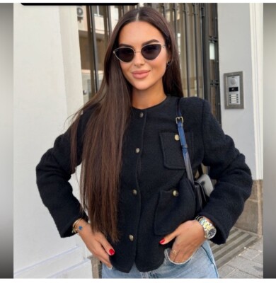 Massimo Dutti Textured Crop Jacket Cardigan Black Gold Buttons