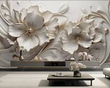 3D Relief Floral White Self-adhesive Removeable Wallpaper Wall Mural