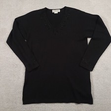 Vtg Outlander Sequin Beaded Sweater Women's Large Black V Neck Knit Long Sleeve