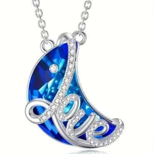Cute Crescent Moon Pendant Necklace Blue Love Fashion Jewelry Silver Toned Gift