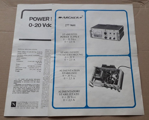 Archer Stabilisiertes Netzteil - 277 9601 - 0-20 Vdc, 2,5A - Beschreibende Broschüre