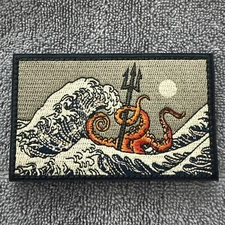 JAPANESE WAVE TRIDENT OCTOPUS 2x3 Embroidered Morale Patch Hook Backing New