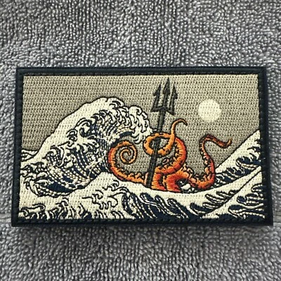LONEWOLF1852 JAPANESE WAVE TRIDENT OCTOPUS 2x3 Embroidered Morale Patch Hook Backing New