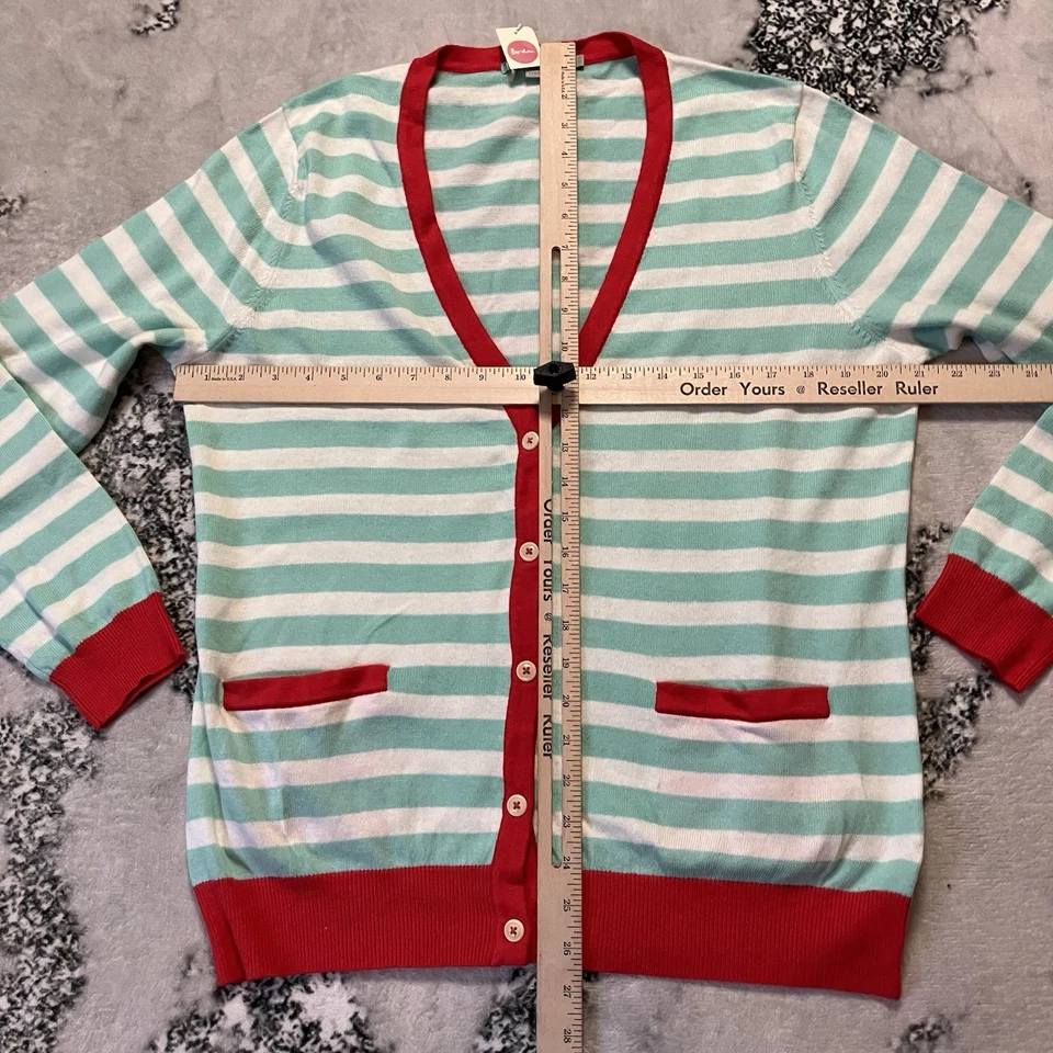 Boden Sweater Womens Sz 14 Teal White Red Striped Pockets Cardigan - Image 2 of 4