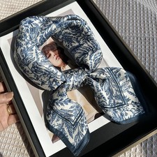 100 Mulberry Silk 26" Square Scarf Women Neckerchief Wrap Blue Leaves Painting