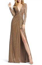 Mac Duggal 26194 Twist Front Long Sleeve Metallic Gown SZ 12 Bronze