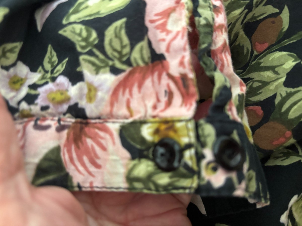 Sz 20W 2X DENIM 24/7 Black Pink Floral PIN TUCK Button Front