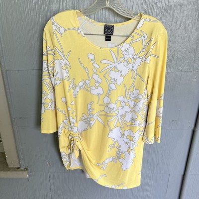 Clara Sun Woo Top Womens XS Yellow Floral Asymmetrical Ruched Art to Wear Blouse