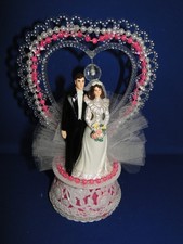New Vintage Bride & groom black tux with pink beaded trim Wedding Cake Top #234