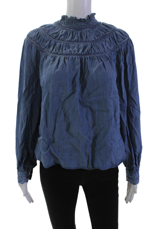 Rebecca Minkoff Womens Chambray Ruffle Neck Long Sleeve Blouse Top Blue Size S