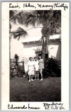 Vtg B&W Snapshot Three Women Summer Dresses Palm Tree Florida House St. Pete