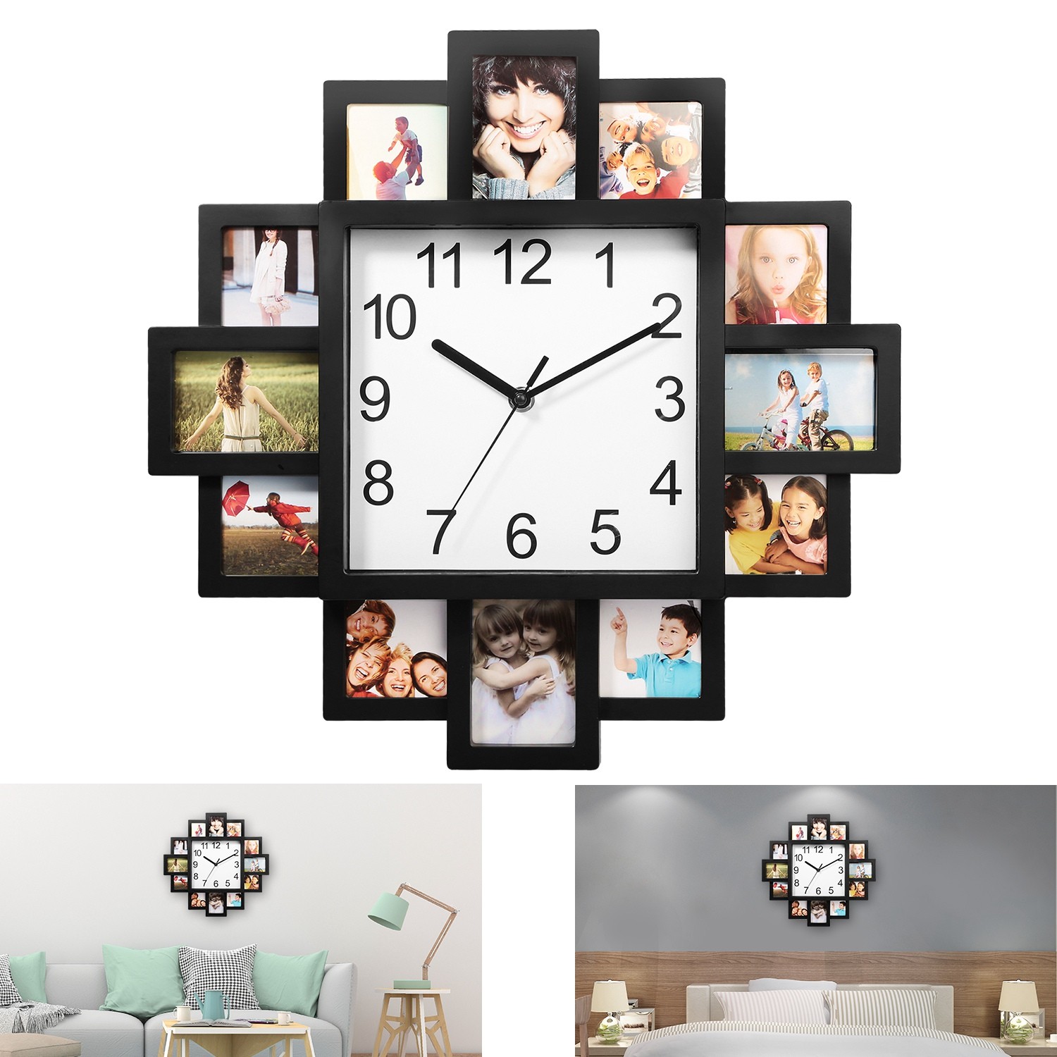 1Pc Photo Frame Clock Picture Collage 12-Picture Display Wall Clock Photowall Wa